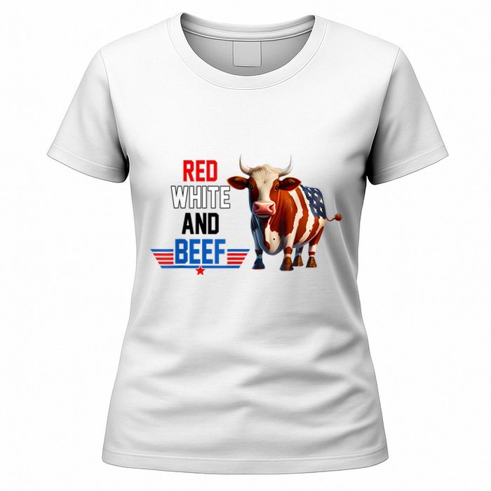 Red White And Beef Vintage Usa Flag 4th Of July Funny Cow Women's T-Shirt