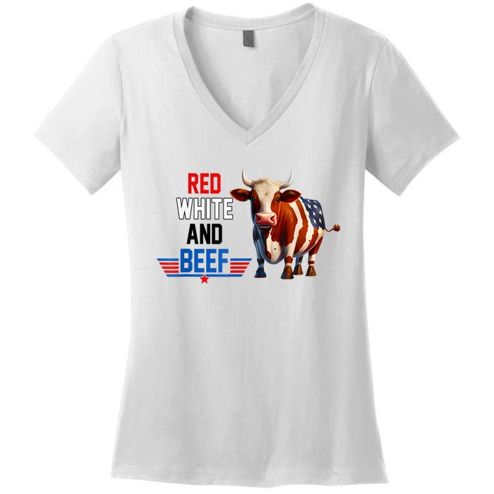 Red White And Beef Vintage Usa Flag 4th Of July Funny Cow Women's V-Neck T-Shirt