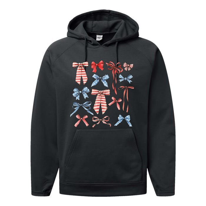 Red White And Blue American Coquette Bows Performance Fleece Hoodie