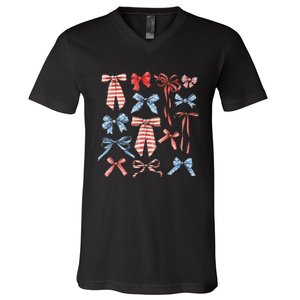 Red White And Blue American Coquette Bows V-Neck T-Shirt