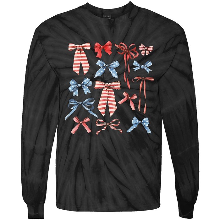 Red White And Blue American Coquette Bows Tie-Dye Long Sleeve Shirt