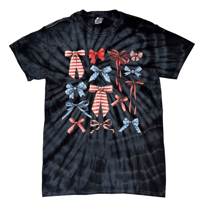 Red White And Blue American Coquette Bows Tie-Dye T-Shirt