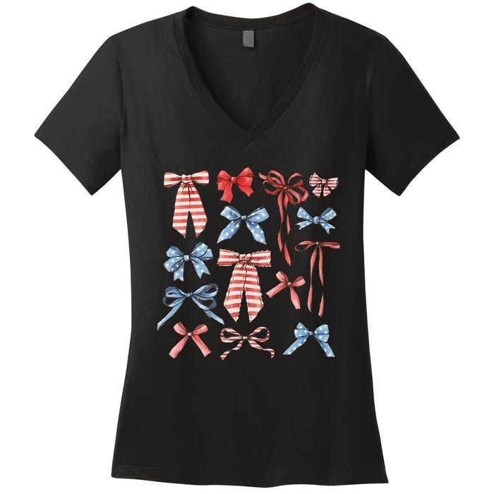 Red White And Blue American Coquette Bows Women's V-Neck T-Shirt