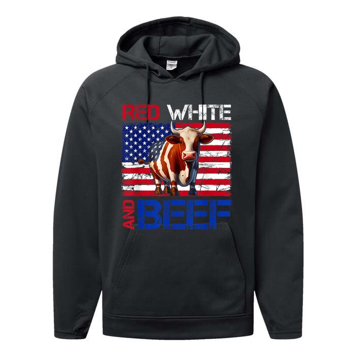 Red White And Beef Vintage Usa Flag 4th Of July Funny Cow Performance Fleece Hoodie