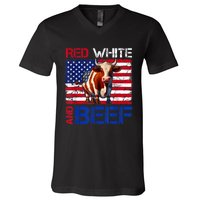 Red White And Beef Vintage Usa Flag 4th Of July Funny Cow V-Neck T-Shirt