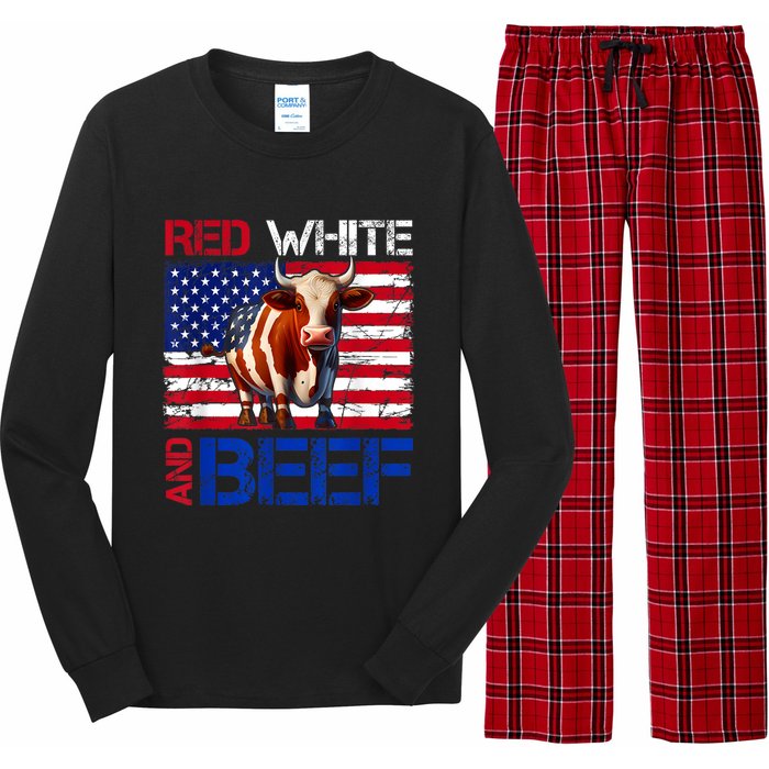 Red White And Beef Vintage Usa Flag 4th Of July Funny Cow Long Sleeve Pajama Set