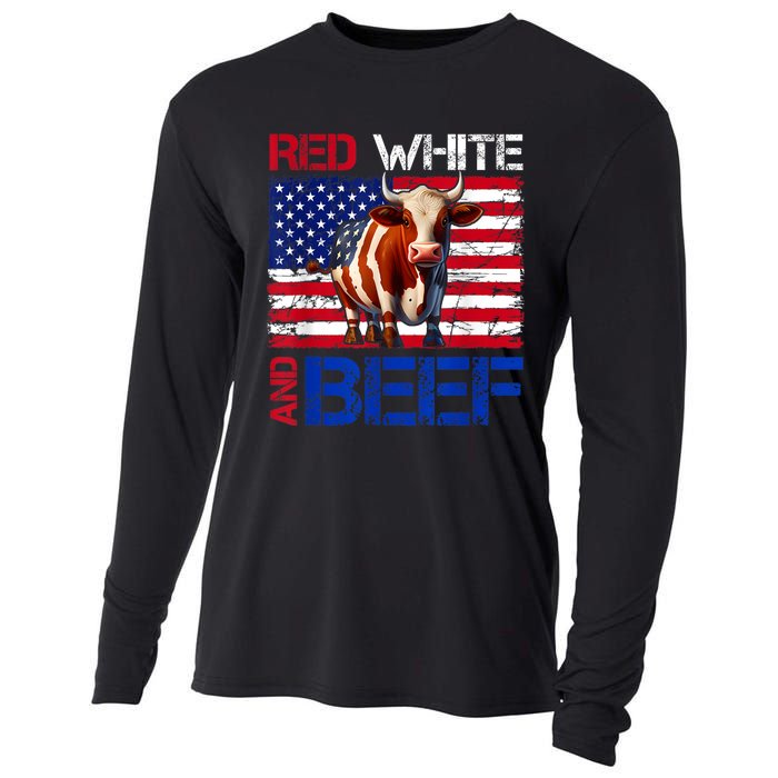 Red White And Beef Vintage Usa Flag 4th Of July Funny Cow Cooling Performance Long Sleeve Crew