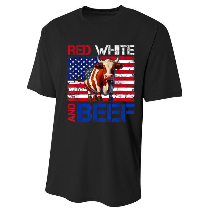 Red White And Beef Vintage Usa Flag 4th Of July Funny Cow Performance Sprint T-Shirt