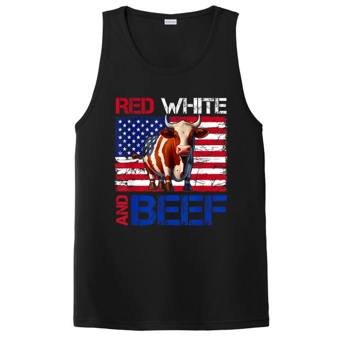 Red White And Beef Vintage Usa Flag 4th Of July Funny Cow PosiCharge Competitor Tank