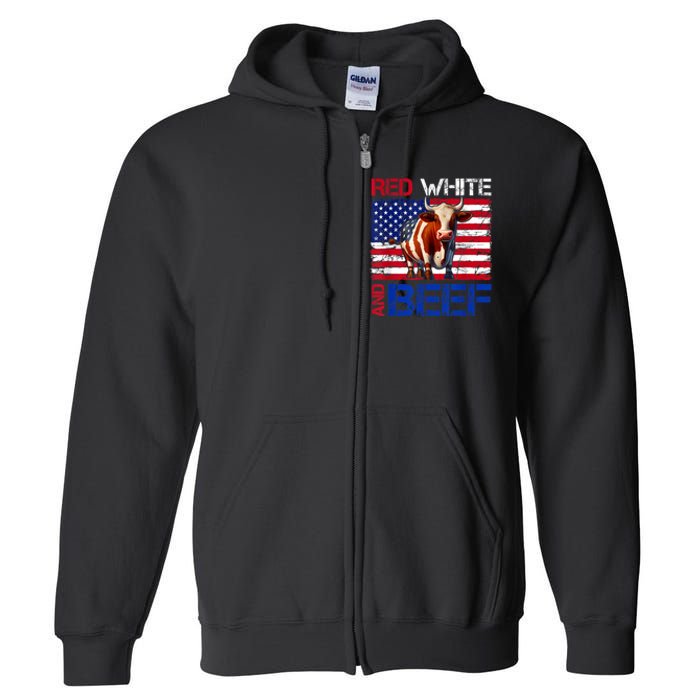 Red White And Beef Vintage Usa Flag 4th Of July Funny Cow Full Zip Hoodie