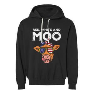 Red White And Moo Cow USA Flag 4th Of July Fourth Patriotic Garment-Dyed Fleece Hoodie