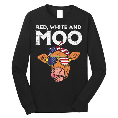 Red White And Moo Cow USA Flag 4th Of July Fourth Patriotic Long Sleeve Shirt