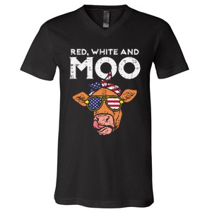 Red White And Moo Cow USA Flag 4th Of July Fourth Patriotic V-Neck T-Shirt