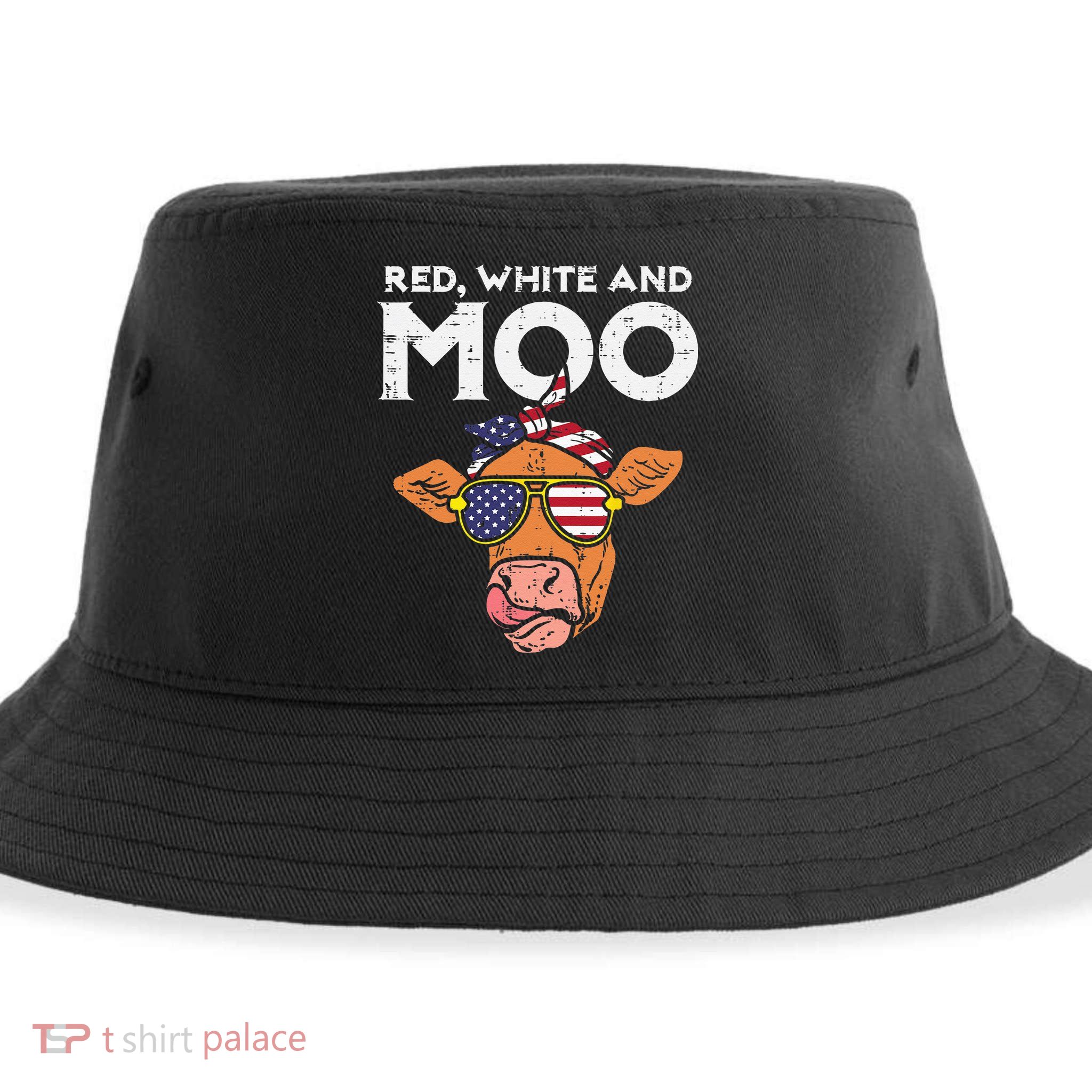 Red White And Moo Cow USA Flag 4th Of July Fourth Patriotic Sustainable Bucket Hat