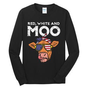 Red White And Moo Cow USA Flag 4th Of July Fourth Patriotic Tall Long Sleeve T-Shirt