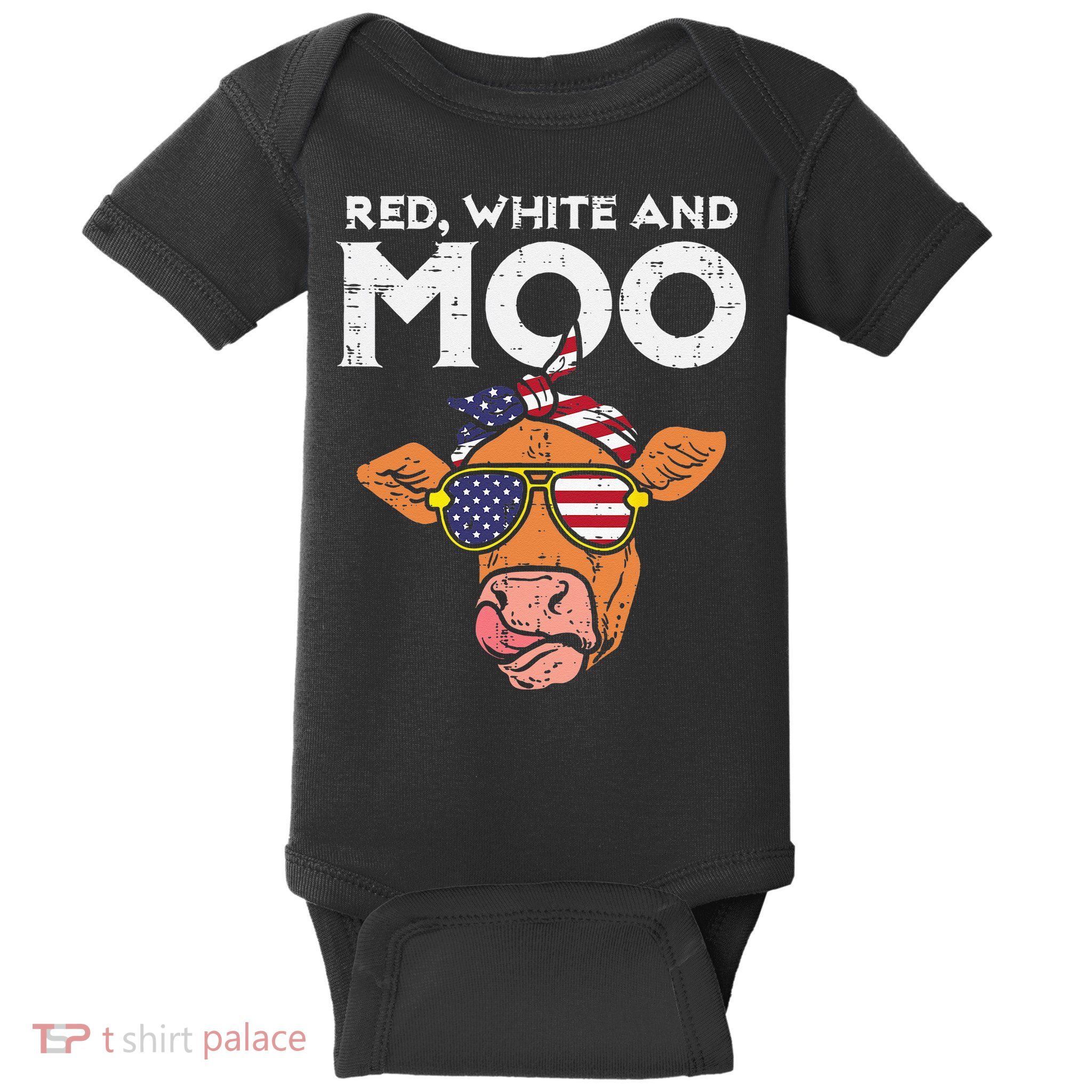 Red White And Moo Cow USA Flag 4th Of July Fourth Patriotic Baby Bodysuit