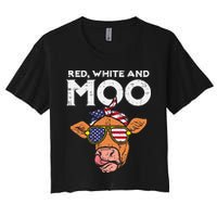 Red White And Moo Cow USA Flag 4th Of July Fourth Patriotic Women's Crop Top Tee