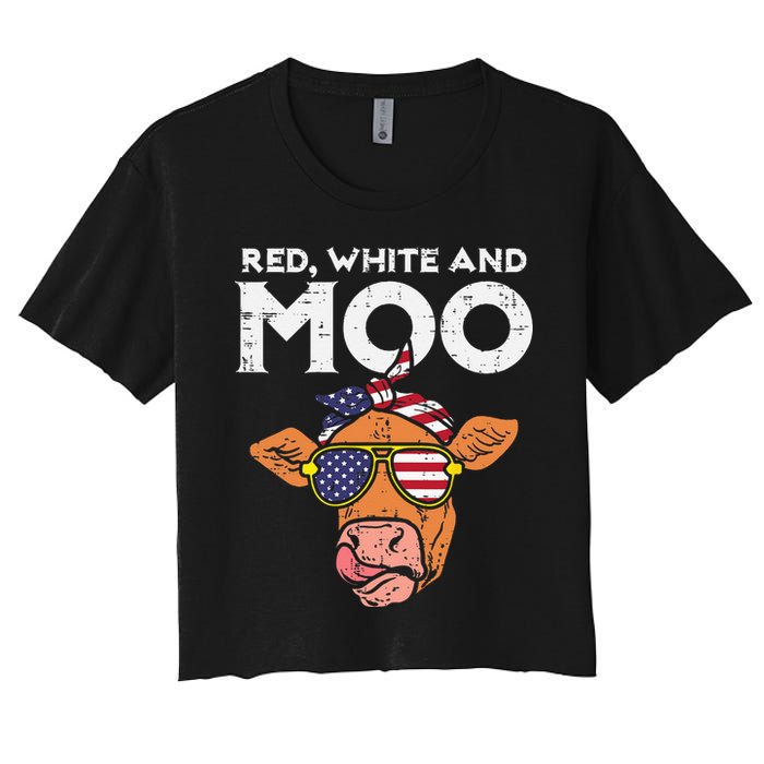 Red White And Moo Cow USA Flag 4th Of July Fourth Patriotic Women's Crop Top Tee