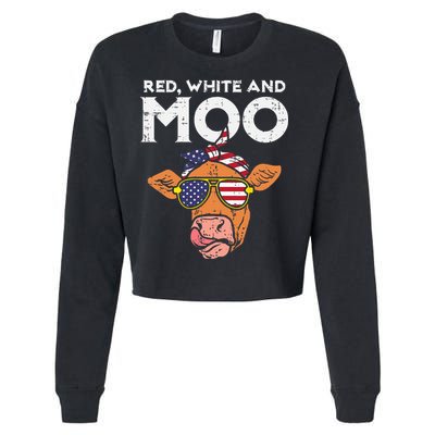 Red White And Moo Cow USA Flag 4th Of July Fourth Patriotic Cropped Pullover Crew