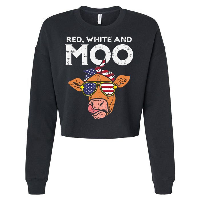 Red White And Moo Cow USA Flag 4th Of July Fourth Patriotic Cropped Pullover Crew