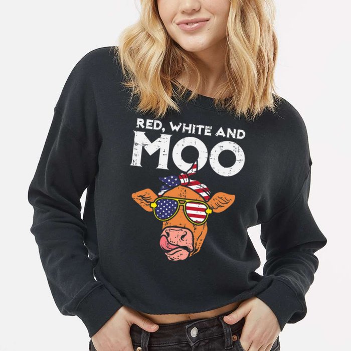 Red White And Moo Cow USA Flag 4th Of July Fourth Patriotic Cropped Pullover Crew
