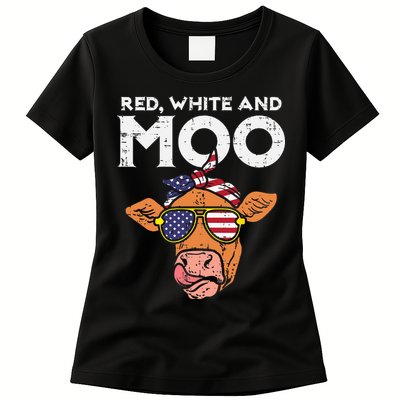Red White And Moo Cow USA Flag 4th Of July Fourth Patriotic Womens T-Shirt