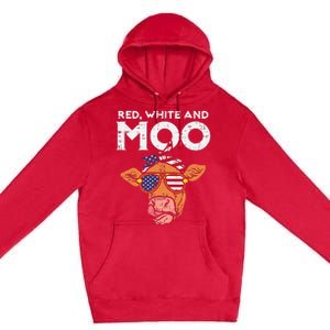 Red White And Moo Cow USA Flag 4th Of July Fourth Patriotic Premium Pullover Hoodie