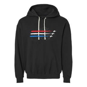 Red White And Blue Fighter Jets With Fireworks Garment-Dyed Fleece Hoodie