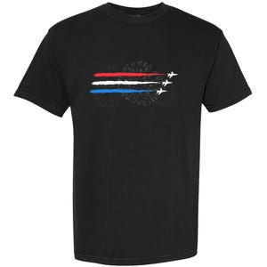 Red White And Blue Fighter Jets With Fireworks Garment-Dyed Heavyweight T-Shirt