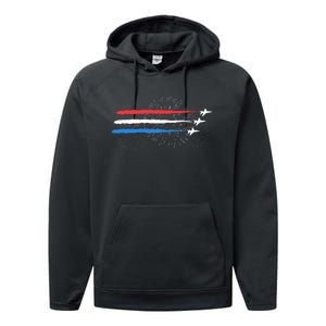 Red White And Blue Fighter Jets With Fireworks Performance Fleece Hoodie