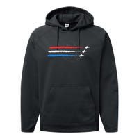 Red White And Blue Fighter Jets With Fireworks Performance Fleece Hoodie