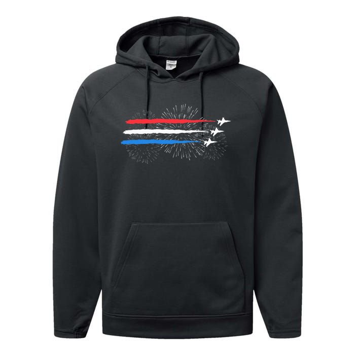 Red White And Blue Fighter Jets With Fireworks Performance Fleece Hoodie