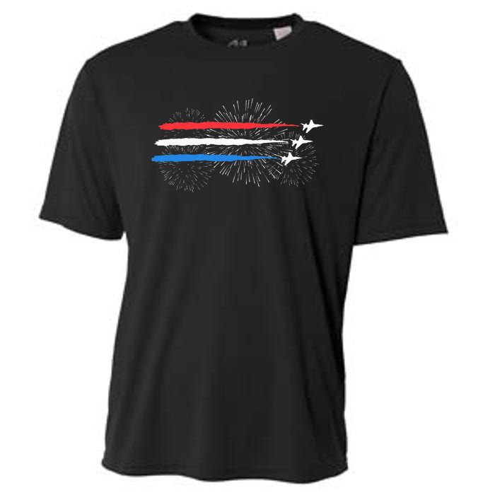 Red White And Blue Fighter Jets With Fireworks Cooling Performance Crew T-Shirt