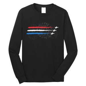 Red White And Blue Fighter Jets With Fireworks Long Sleeve Shirt