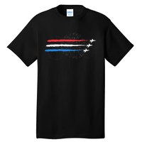 Red White And Blue Fighter Jets With Fireworks Tall T-Shirt