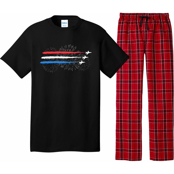 Red White And Blue Fighter Jets With Fireworks Pajama Set