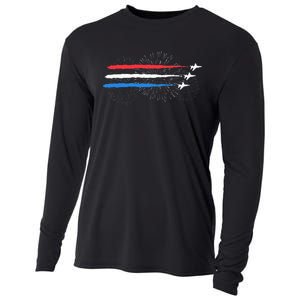 Red White And Blue Fighter Jets With Fireworks Cooling Performance Long Sleeve Crew