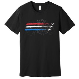 Red White And Blue Fighter Jets With Fireworks Premium T-Shirt