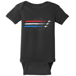 Red White And Blue Fighter Jets With Fireworks Baby Bodysuit