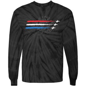 Red White And Blue Fighter Jets With Fireworks Tie-Dye Long Sleeve Shirt