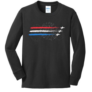 Red White And Blue Fighter Jets With Fireworks Kids Long Sleeve Shirt