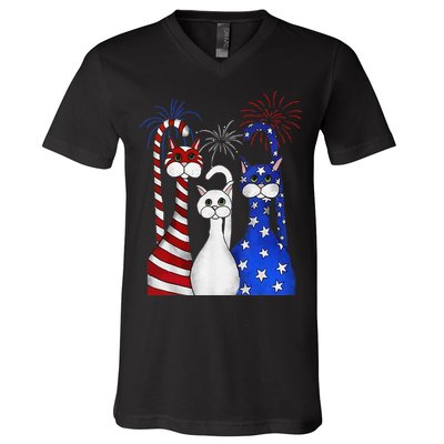 Red White Blue Cats USA Flag Firework 4th Of July V-Neck T-Shirt