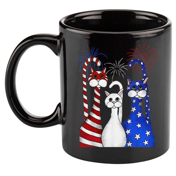 Red White Blue Cats USA Flag Firework 4th Of July 11oz C Handle Ceramic Mug