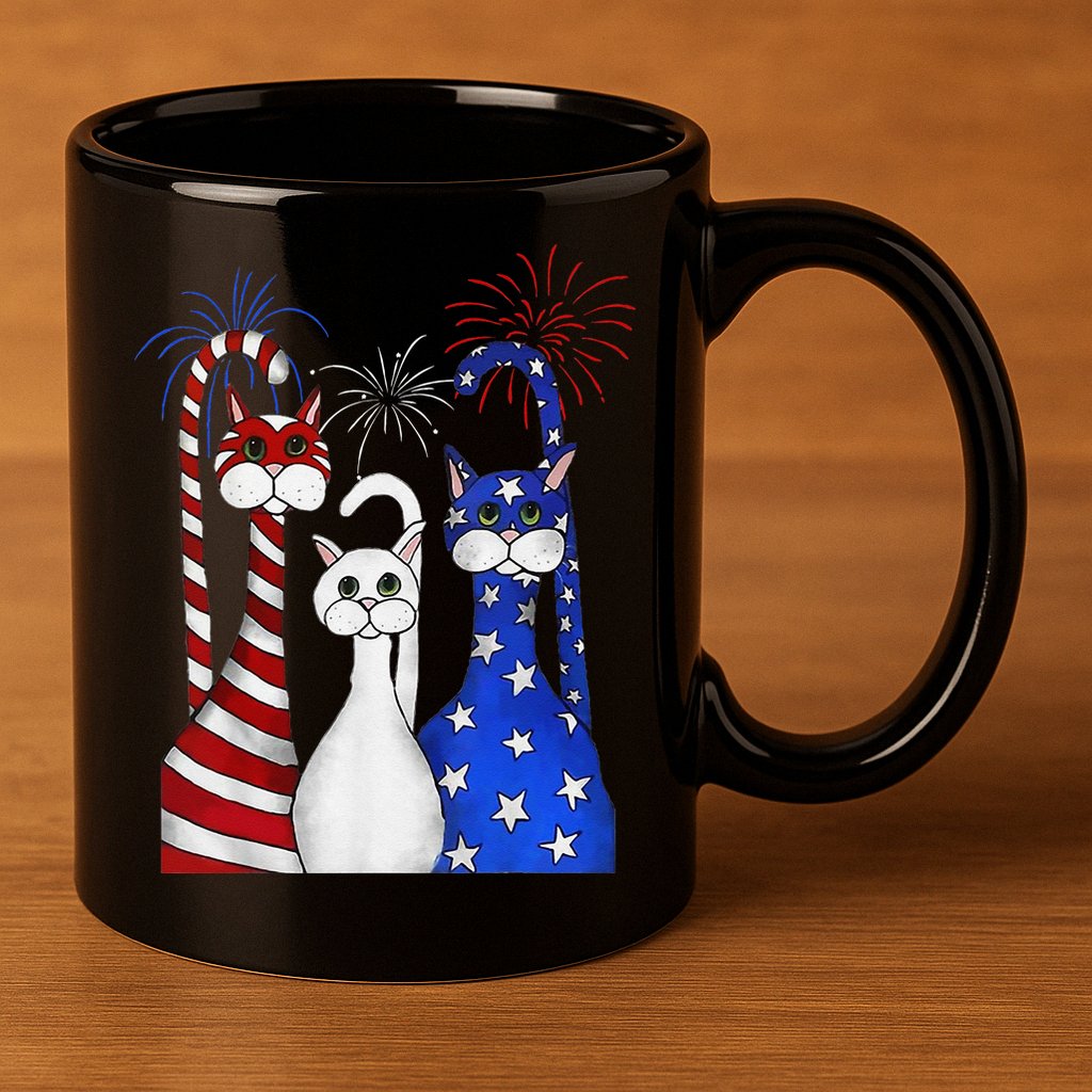 Red White Blue Cats USA Flag Firework 4th Of July 11oz C Handle Ceramic Mug