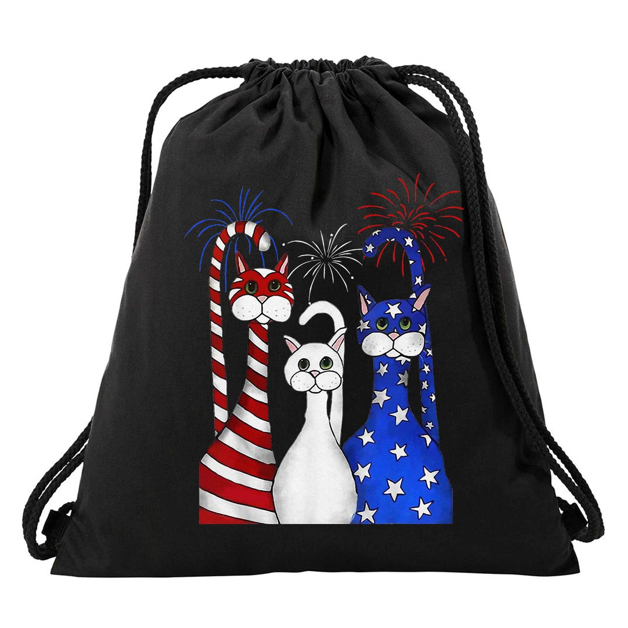 Red White Blue Cats USA Flag Firework 4th Of July Drawstring Bag