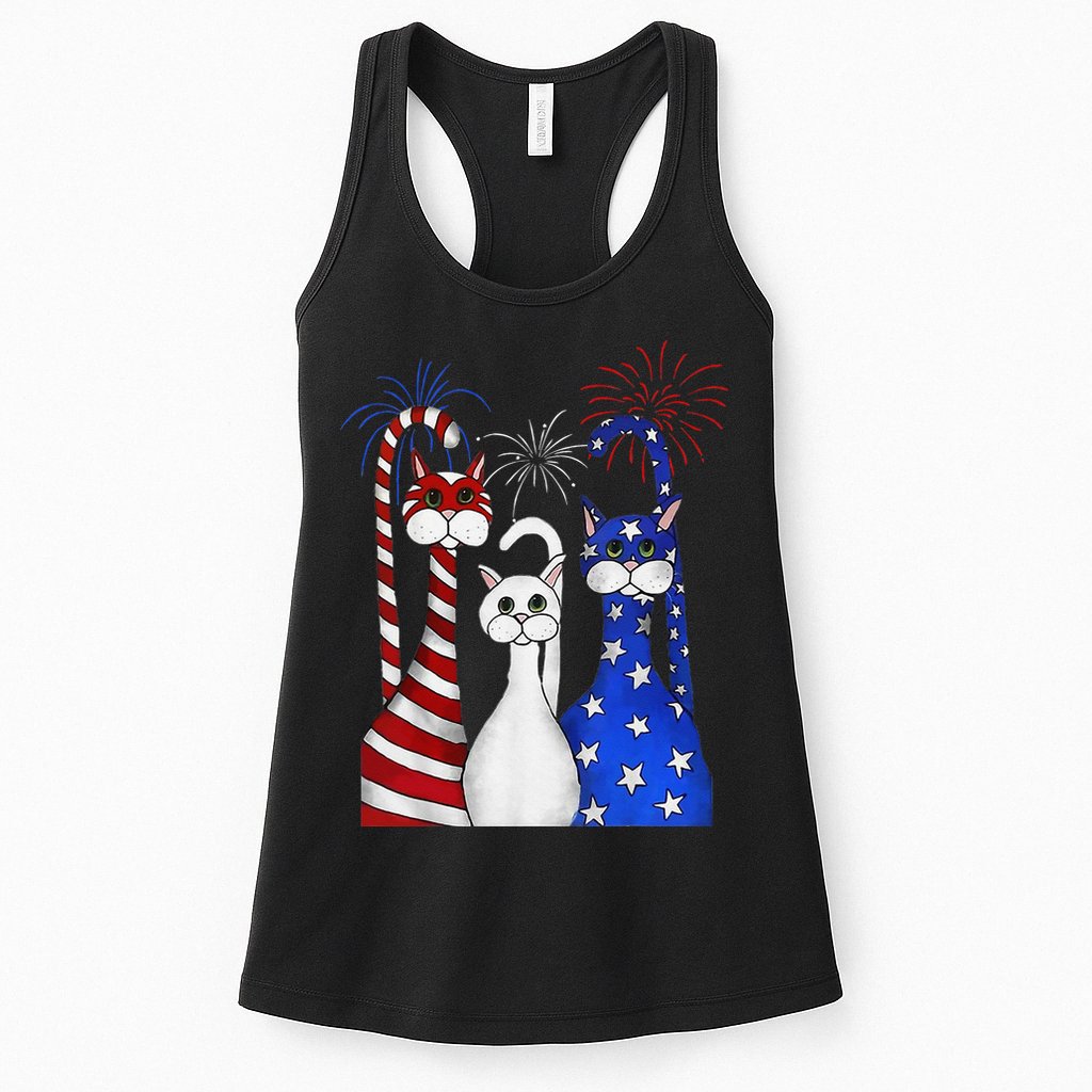 Red White Blue Cats USA Flag Firework 4th Of July Womens Tank Top