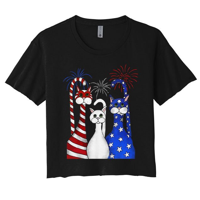 Red White Blue Cats USA Flag Firework 4th Of July Crop Top