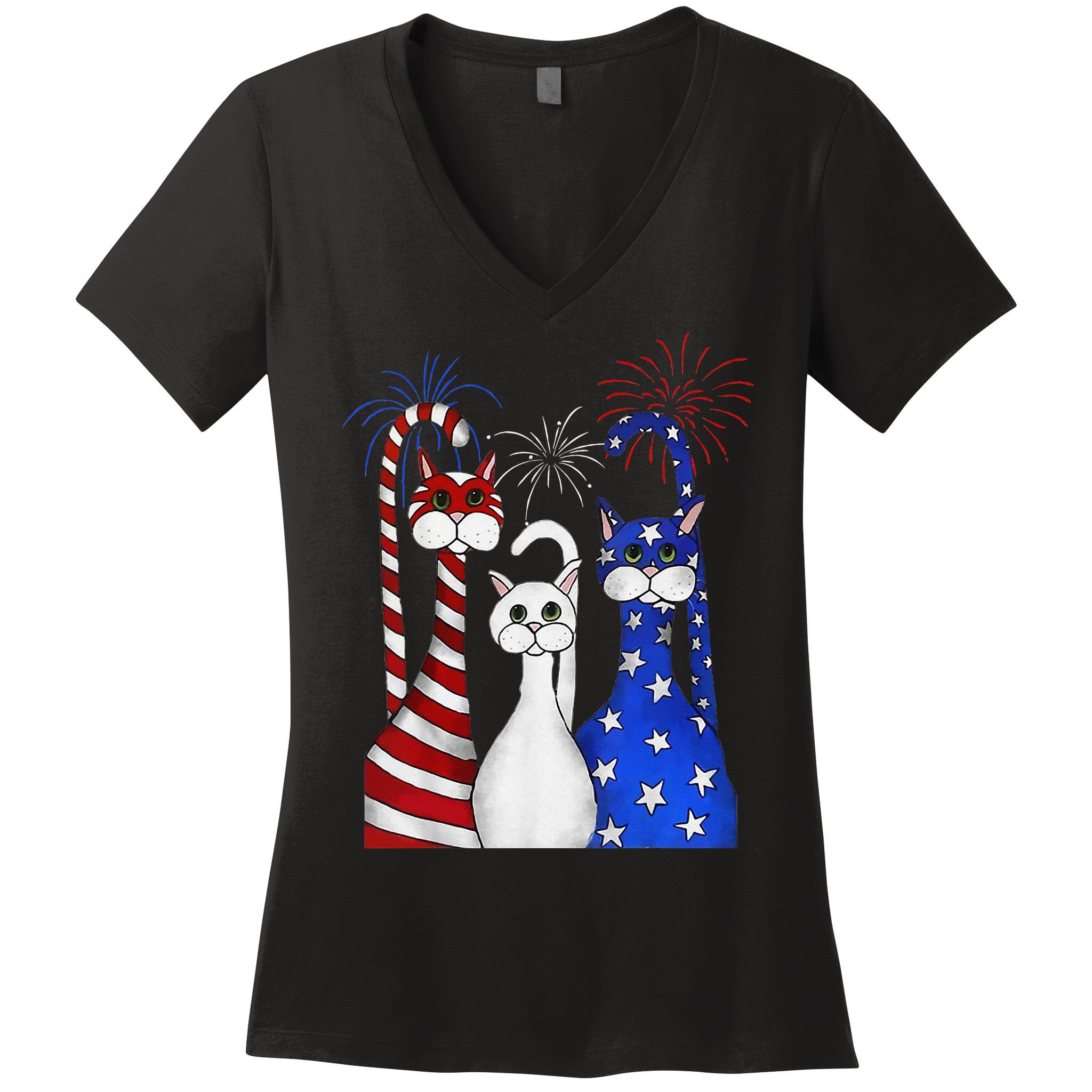 Red White Blue Cats USA Flag Firework 4th Of July Women's V-Neck T-Shirt