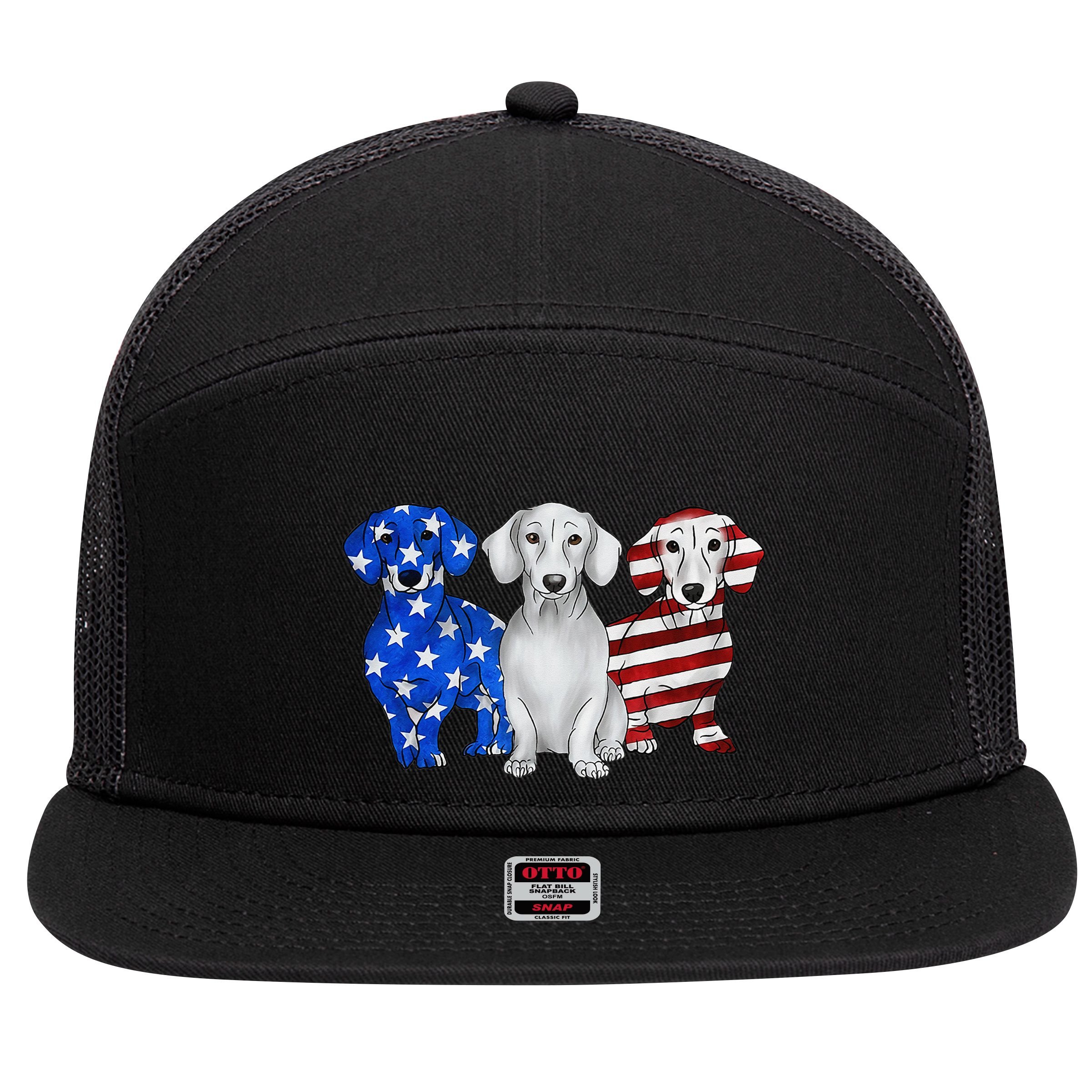 Red White Blue Dachshund American Flag 4th Of July Patriot 7 Panel Mesh Trucker Snapback Hat