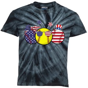 Red White Blue Softball Lover Patriotic 4th Of July Kids Tie-Dye T-Shirt